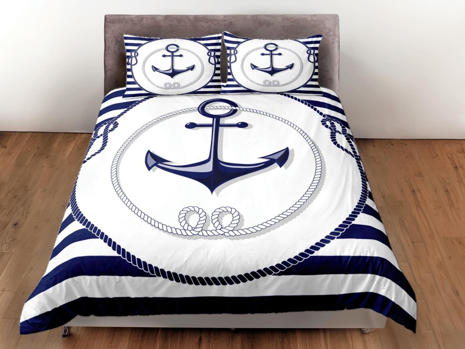 Ship anchor striped nautical duvet cover coastal grandma bedding set full queen king, aesthetic beach room decor, captain…
