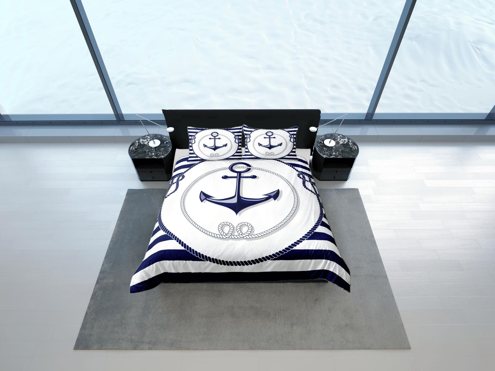 Ship anchor striped nautical duvet cover coastal grandma bedding set full queen king, aesthetic beach room decor, captain…