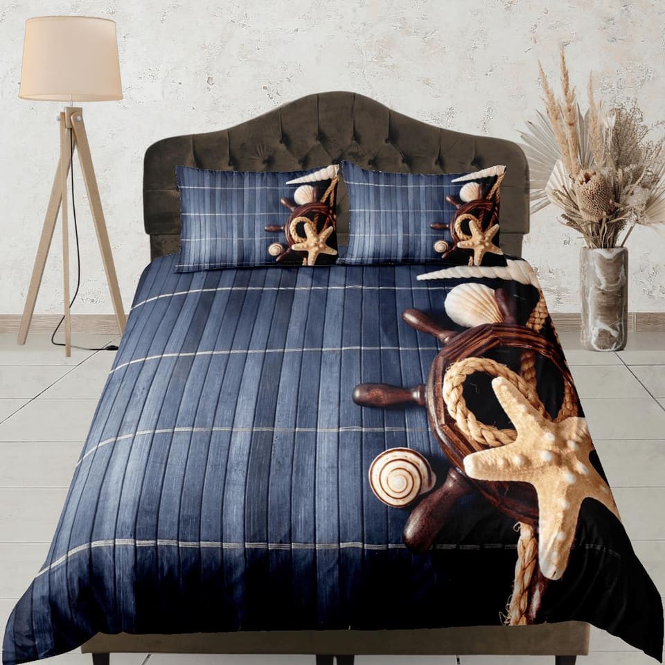 Ship wheel helm starfish wood coastal grandma duvet cover nautical bedding set full queen king, aesthetic beach ocean love…