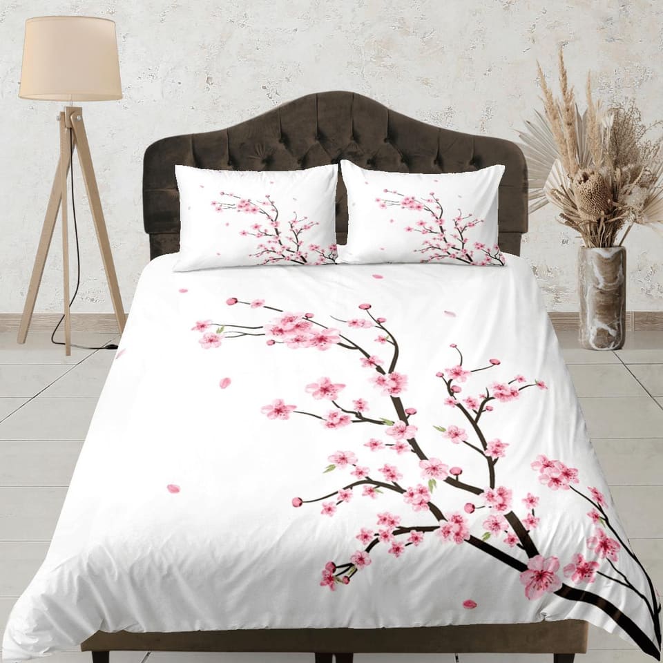 Simple cherry blossom bedding floral prints white duvet cover queen, king, boho bedding designer bedspread full size beddi…