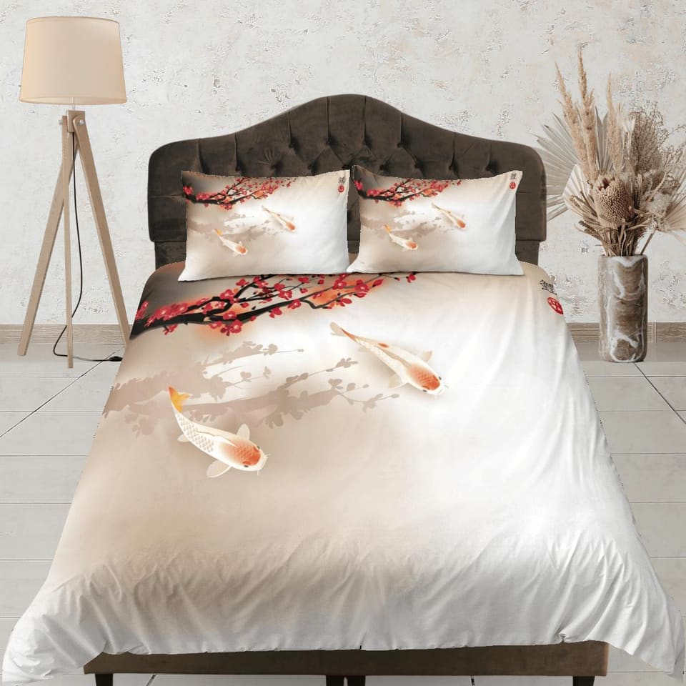 Simple oriental bedding, koi fish and cherry blossoms on japanese duvet cover set for king, queen, full, twin, toddler, zi…