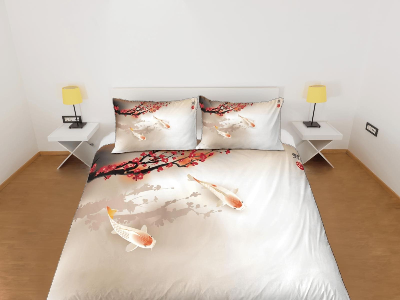 Simple oriental bedding, koi fish and cherry blossoms on japanese duvet cover set for king, queen, full, twin, toddler, zi…