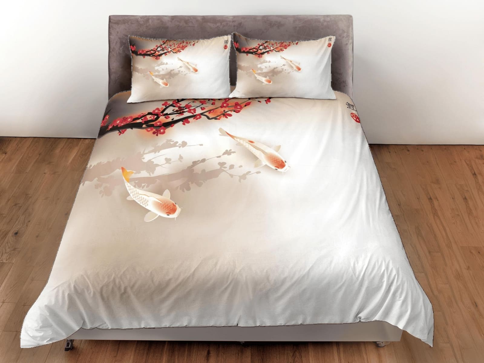 Simple oriental bedding, koi fish and cherry blossoms on japanese duvet cover set for king, queen, full, twin, toddler, zi…