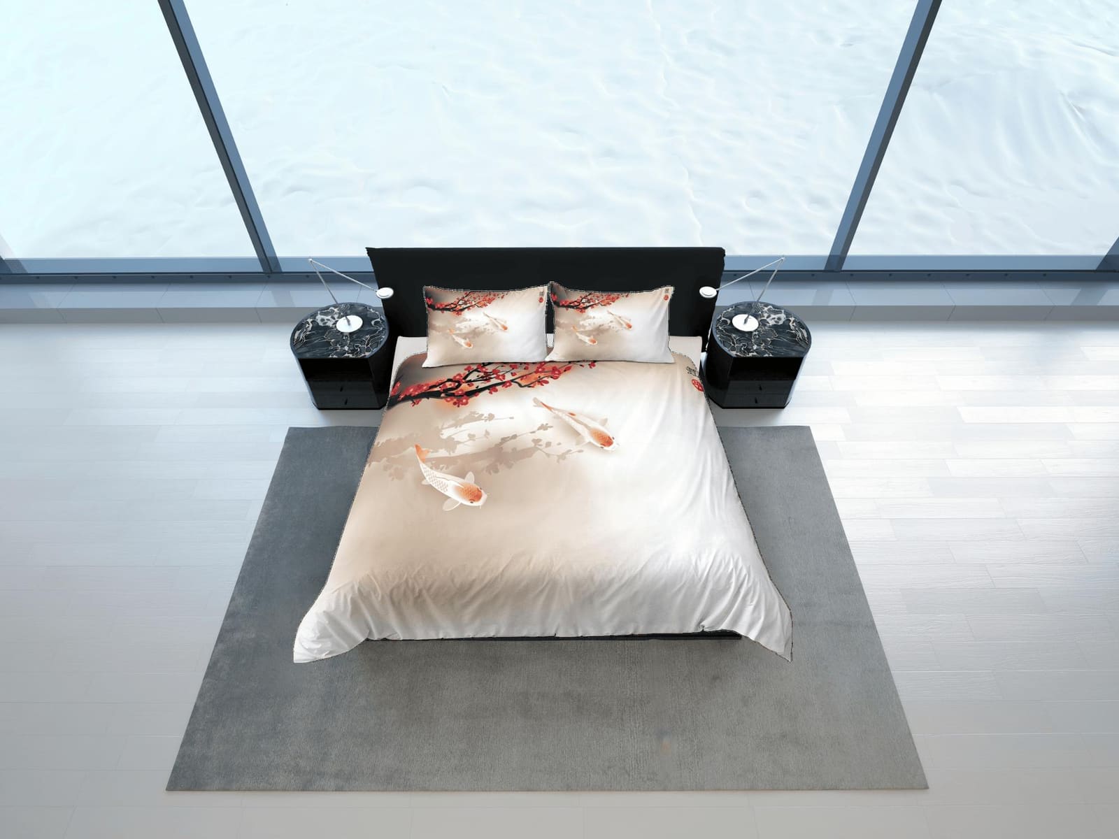 Simple oriental bedding, koi fish and cherry blossoms on japanese duvet cover set for king, queen, full, twin, toddler, zi…