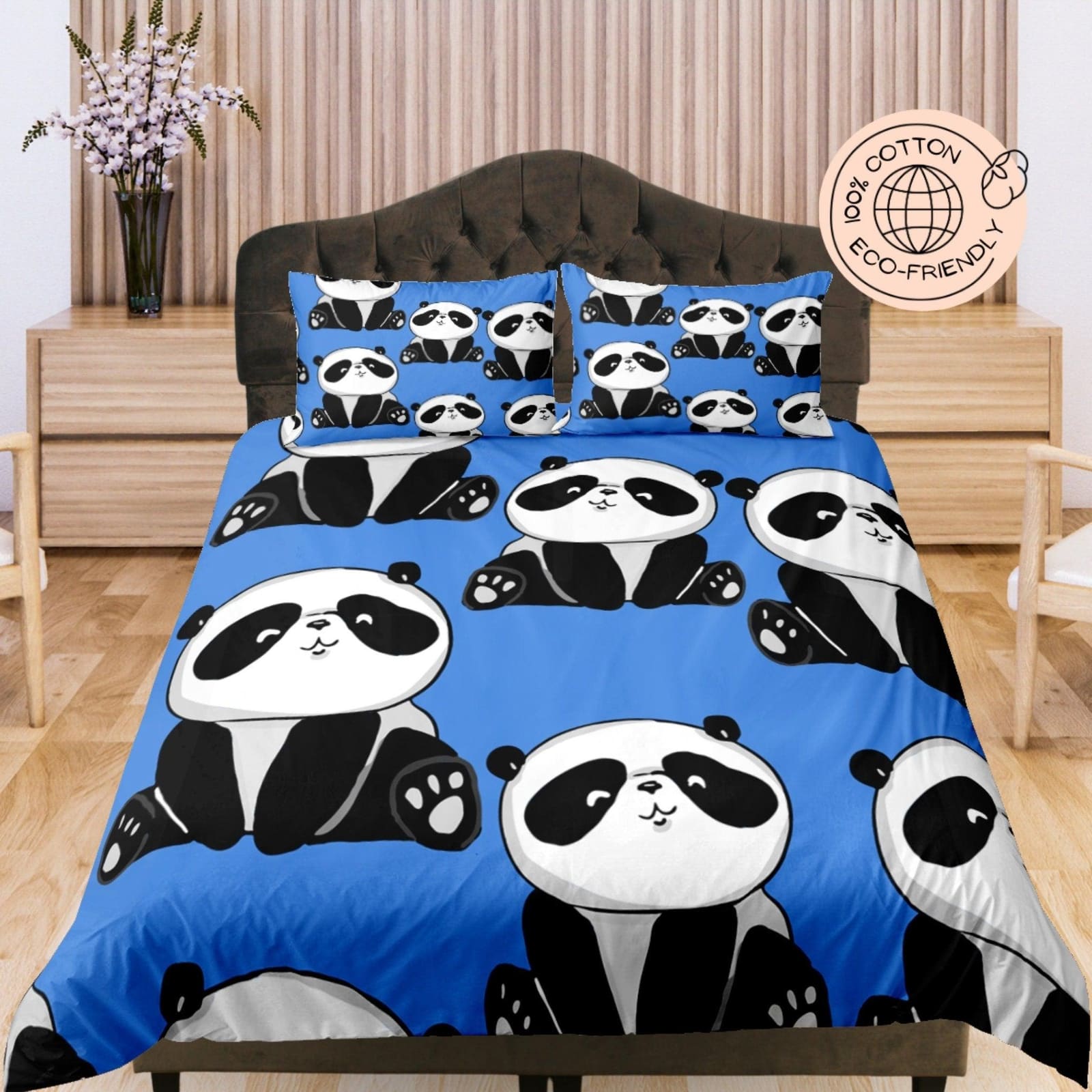 Sitting Cute Panda in Blue Cotton Duvet Cover Set for Kids, Toddler Bedding, Baby Zipper Bedding, Nursery Cotton Bedding,…