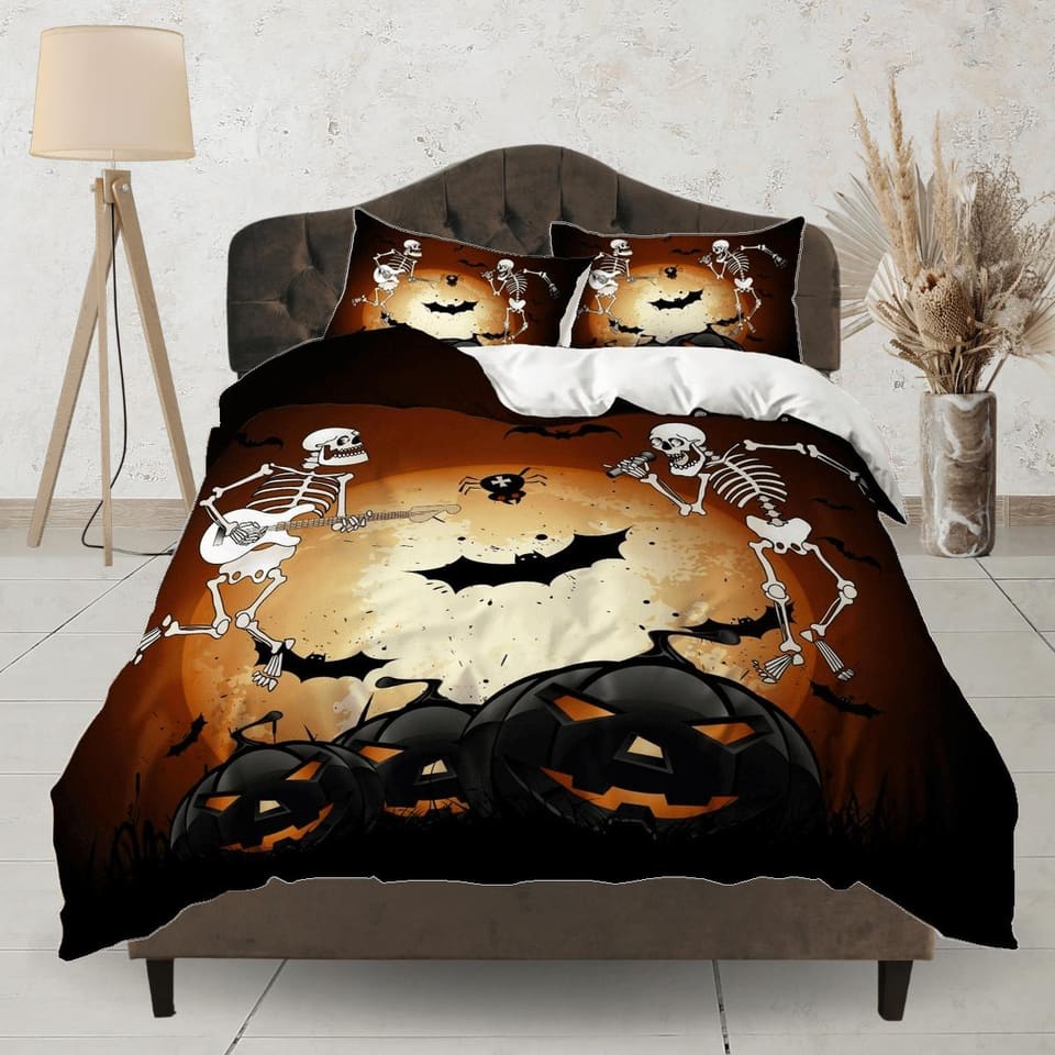 Skeleton and pumpkin halloween bedding & pillowcase, brown duvet cover set dorm bedding, halloween gift, nursery toddler b…