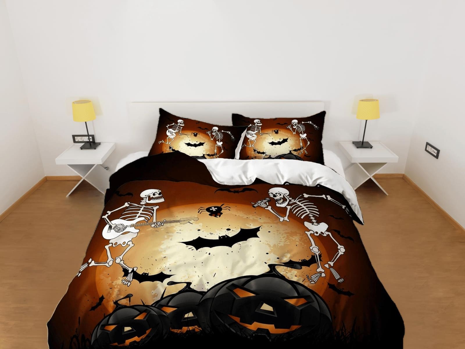 Skeleton and pumpkin halloween bedding & pillowcase, brown duvet cover set dorm bedding, halloween gift, nursery toddler b…