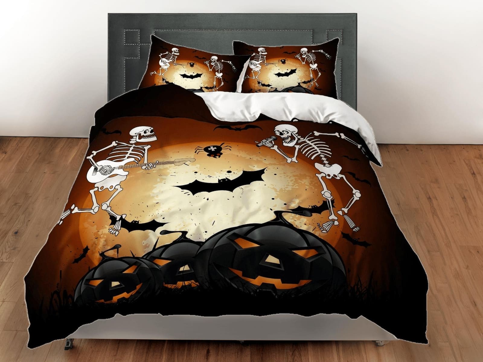 Skeleton and pumpkin halloween bedding & pillowcase, brown duvet cover set dorm bedding, halloween gift, nursery toddler b…