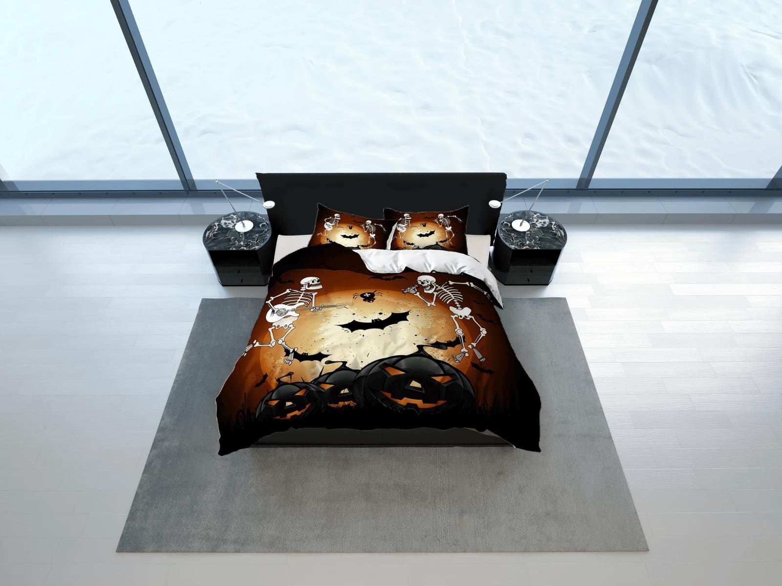 Skeleton and pumpkin halloween bedding & pillowcase, brown duvet cover set dorm bedding, halloween gift, nursery toddler b…