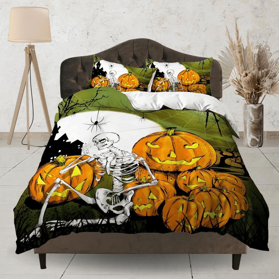 Skeleton vintage halloween bedding & pillowcase, duvet cover, dorm bedding, halloween decor goth bedding, halloween gift,…
