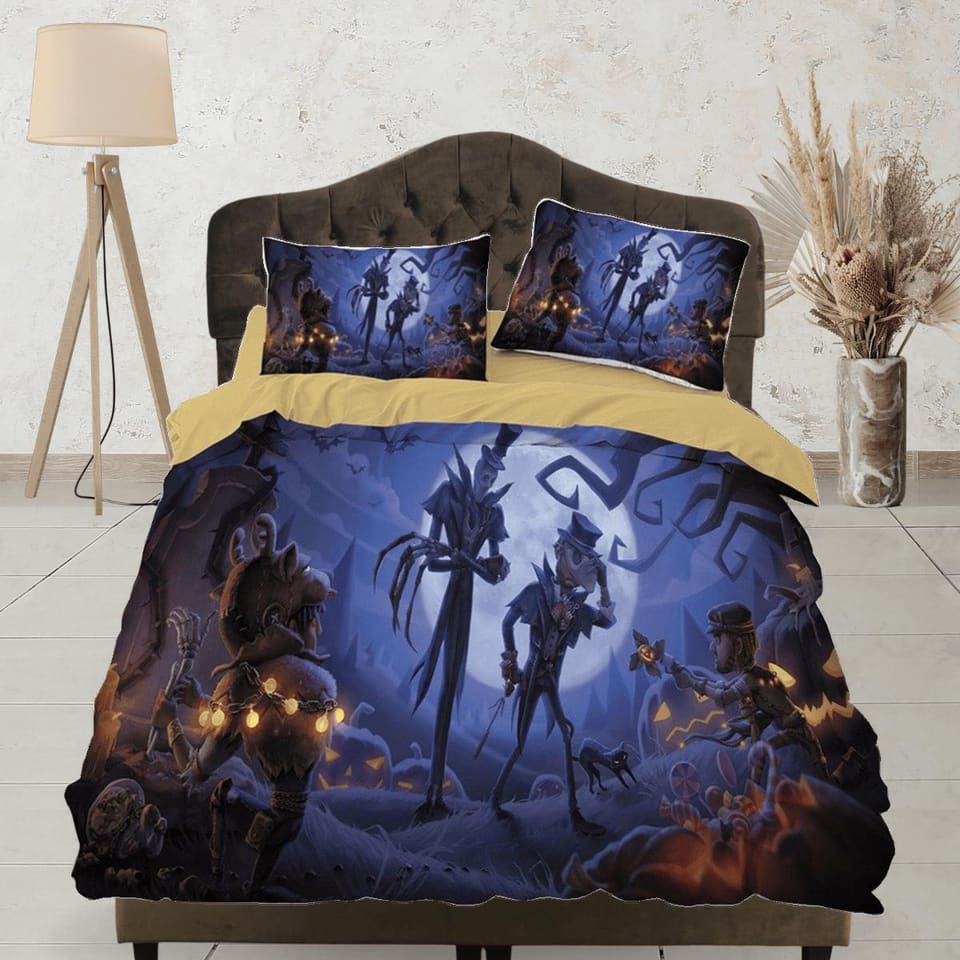 Skeletons pumpkin full moon halloween bedding & pillowcase, gothic duvet cover, dorm bedding, goth decor toddler bedding,…