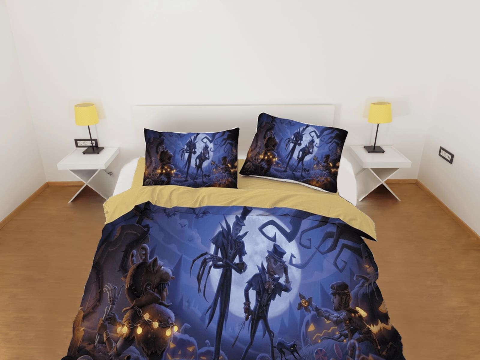 Skeletons pumpkin full moon halloween bedding & pillowcase, gothic duvet cover, dorm bedding, goth decor toddler bedding,…