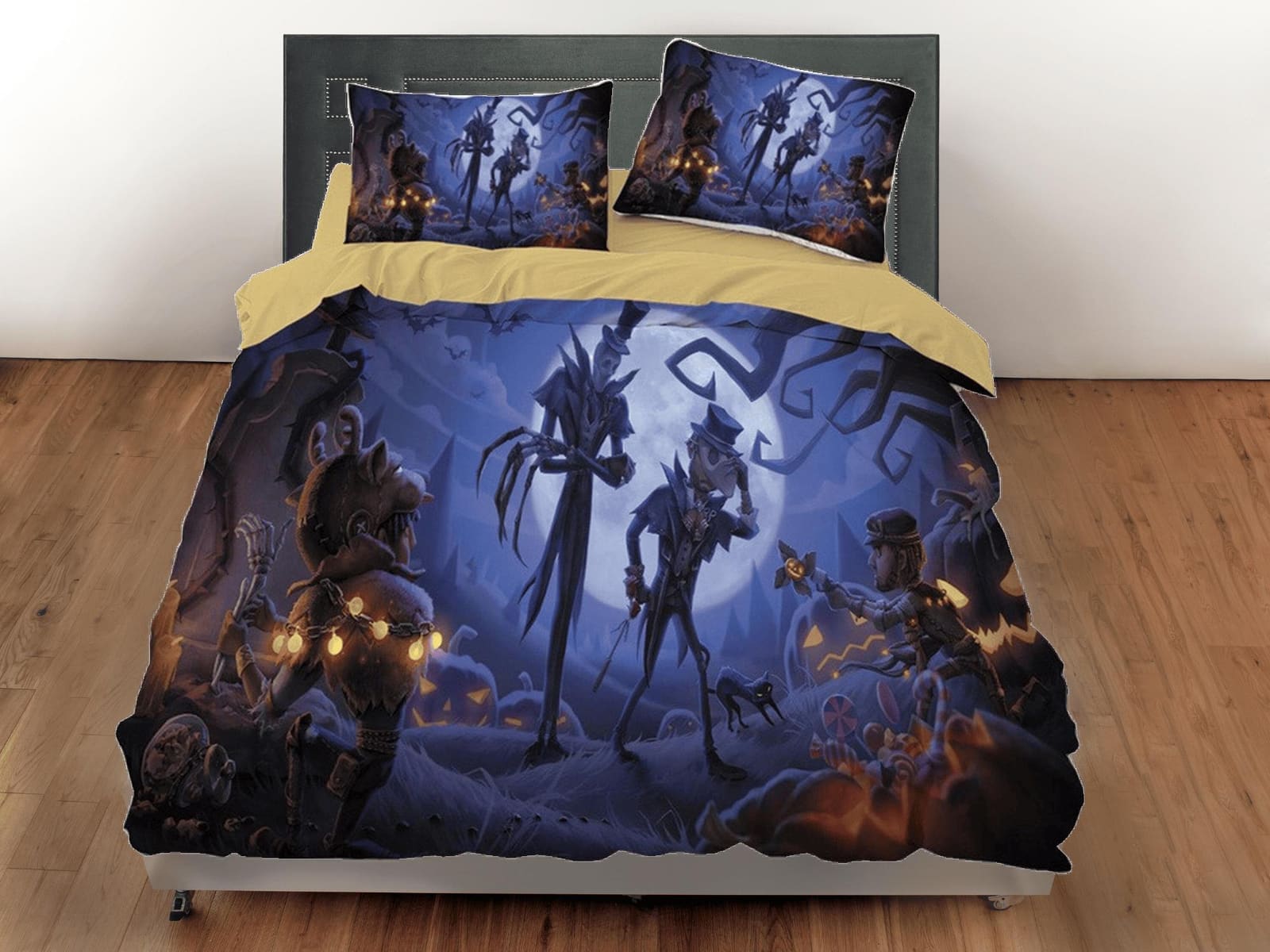 Skeletons pumpkin full moon halloween bedding & pillowcase, gothic duvet cover, dorm bedding, goth decor toddler bedding,…