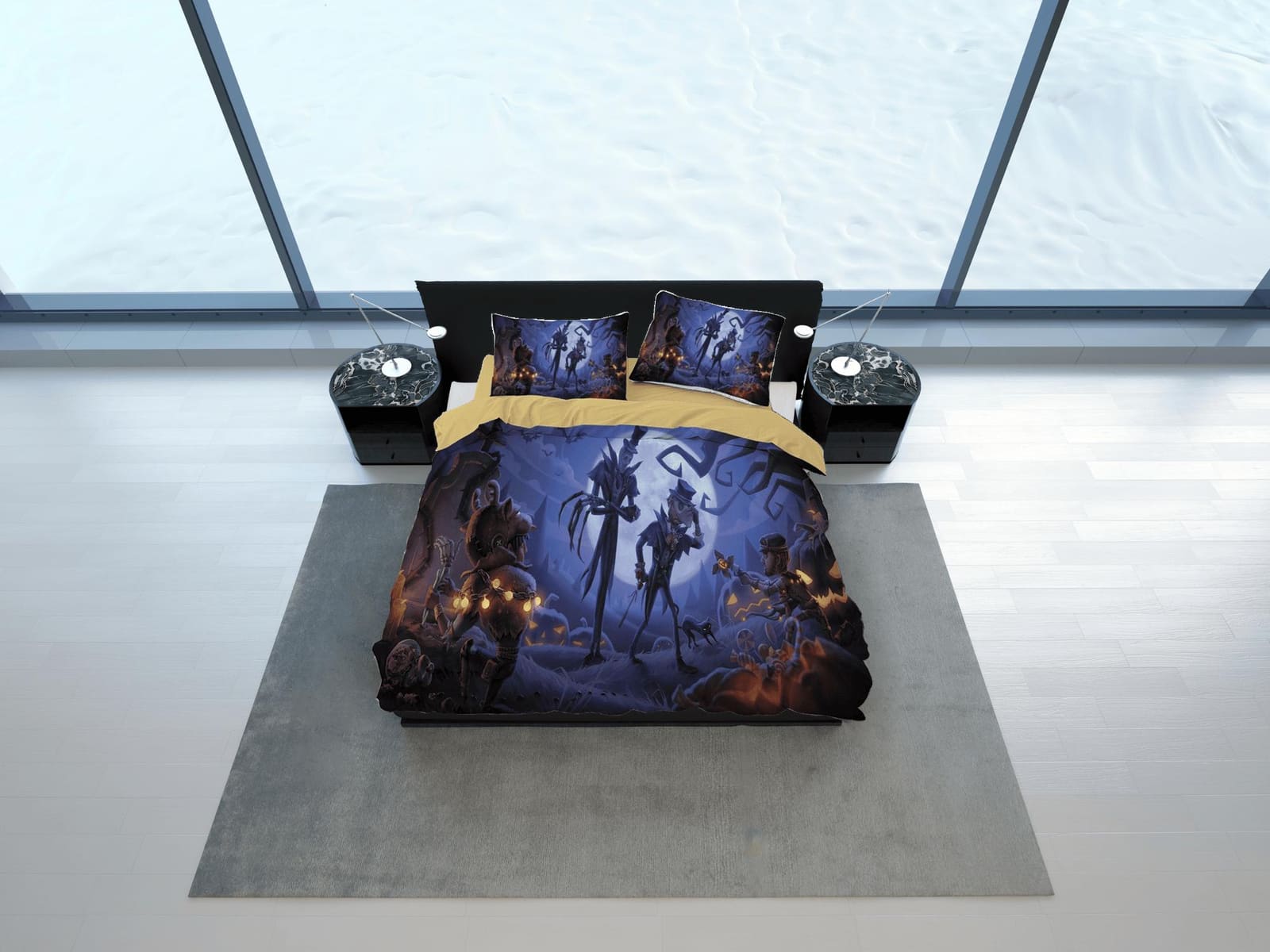 Skeletons pumpkin full moon halloween bedding & pillowcase, gothic duvet cover, dorm bedding, goth decor toddler bedding,…