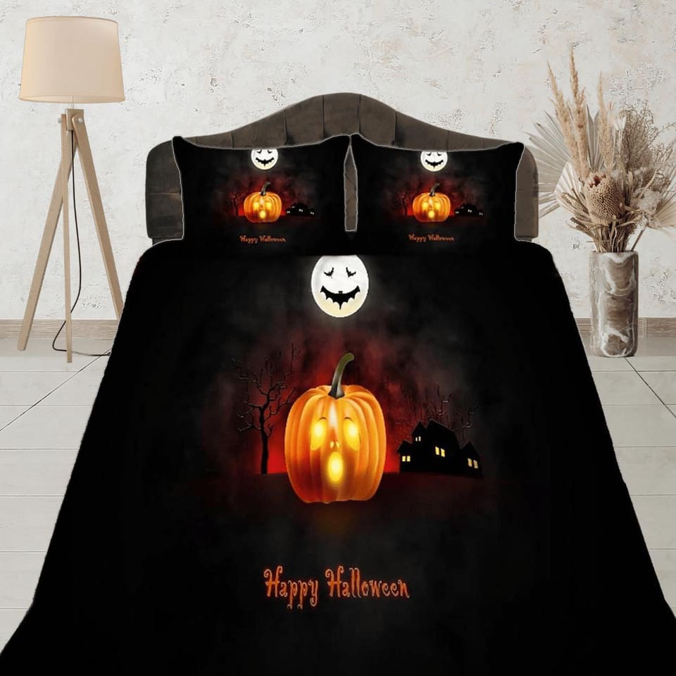 Skull and pumpkin halloween bedding & pillowcase, black duvet cover, dorm bedding, halloween decor, halloween gift, toddle…