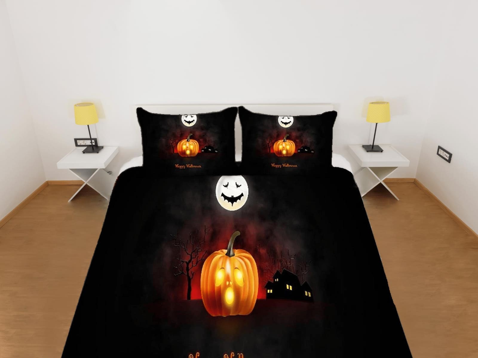 Skull and pumpkin halloween bedding & pillowcase, black duvet cover, dorm bedding, halloween decor, halloween gift, toddle…