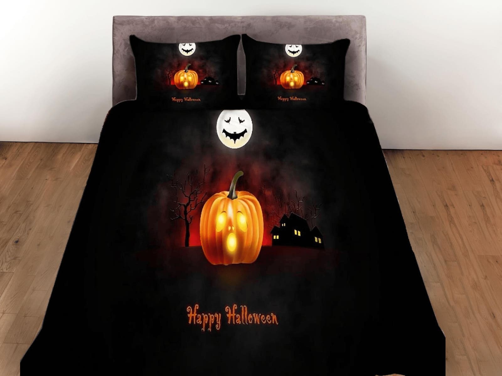 Skull and pumpkin halloween bedding & pillowcase, black duvet cover, dorm bedding, halloween decor, halloween gift, toddle…