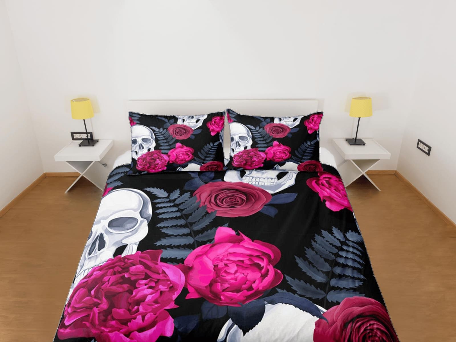 Skull and Roses Black Duvet Cover Set Gothic Bedspread Dorm Bedding with Pillowcase, Comforter Cover