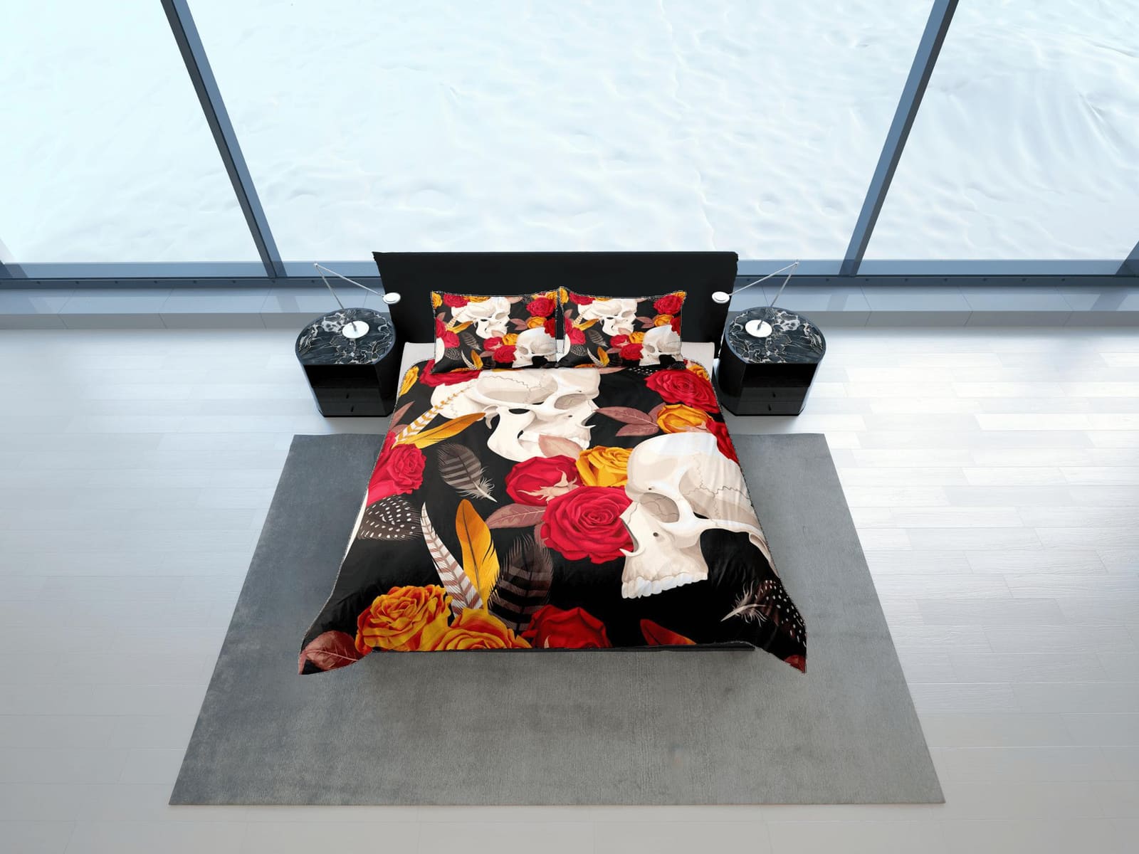 Skull and Roses Black Duvet Cover Set Gothic Bedspread Dorm Bedding with Pillowcase, Comforter Cover