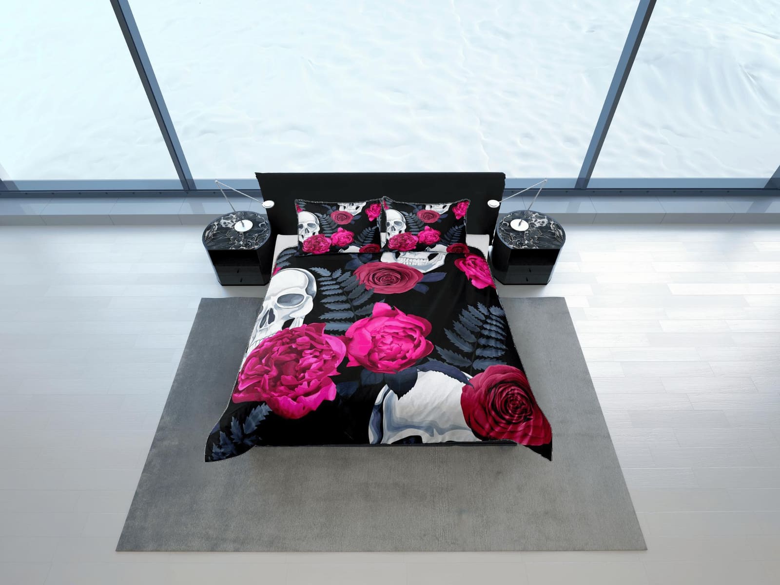 Skull and Roses Black Duvet Cover Set Gothic Bedspread Dorm Bedding with Pillowcase, Comforter Cover