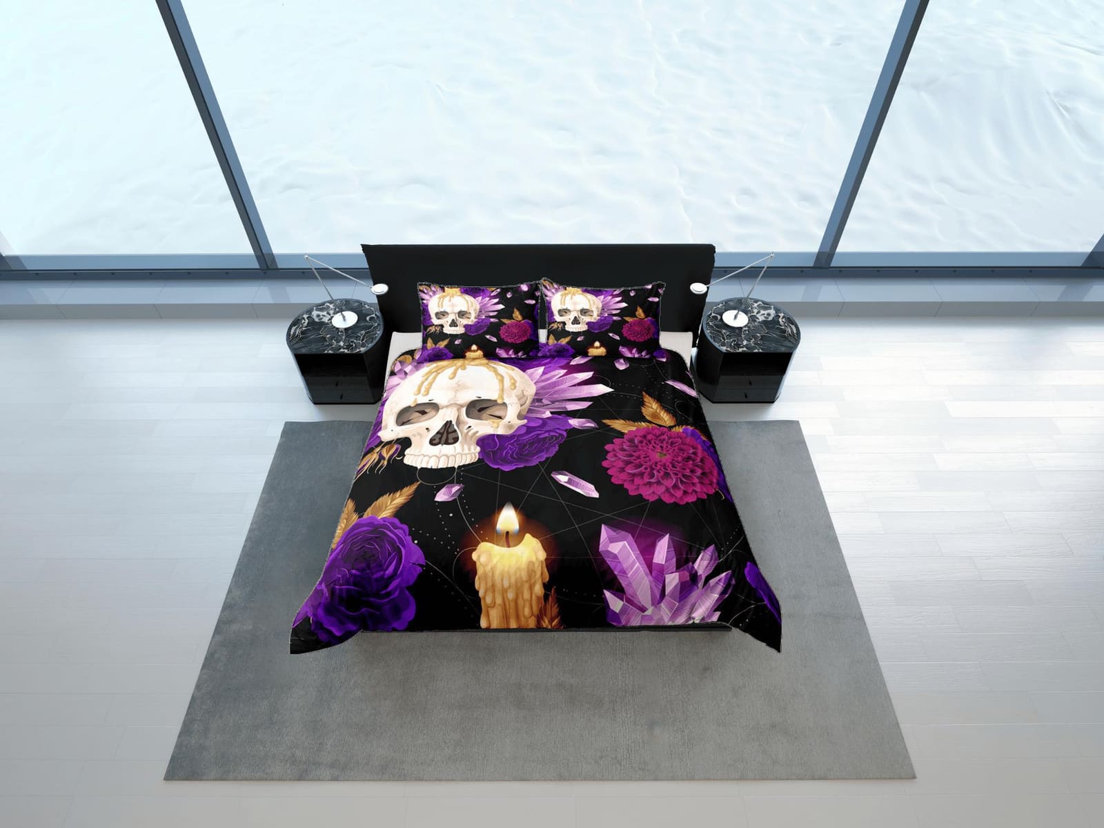 Skull and Roses Black Duvet Cover Set Purple Gothic Bedspread Dorm Bedding Pillowcase Comforter Cover