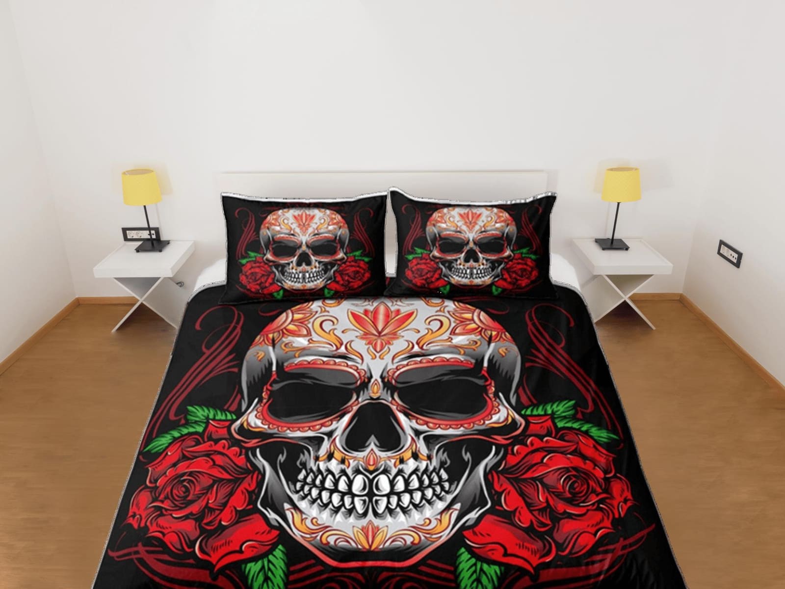 Skull and Roses Gothic Red Duvet Cover Set Bedspread, Dorm Bedding with Pillowcase