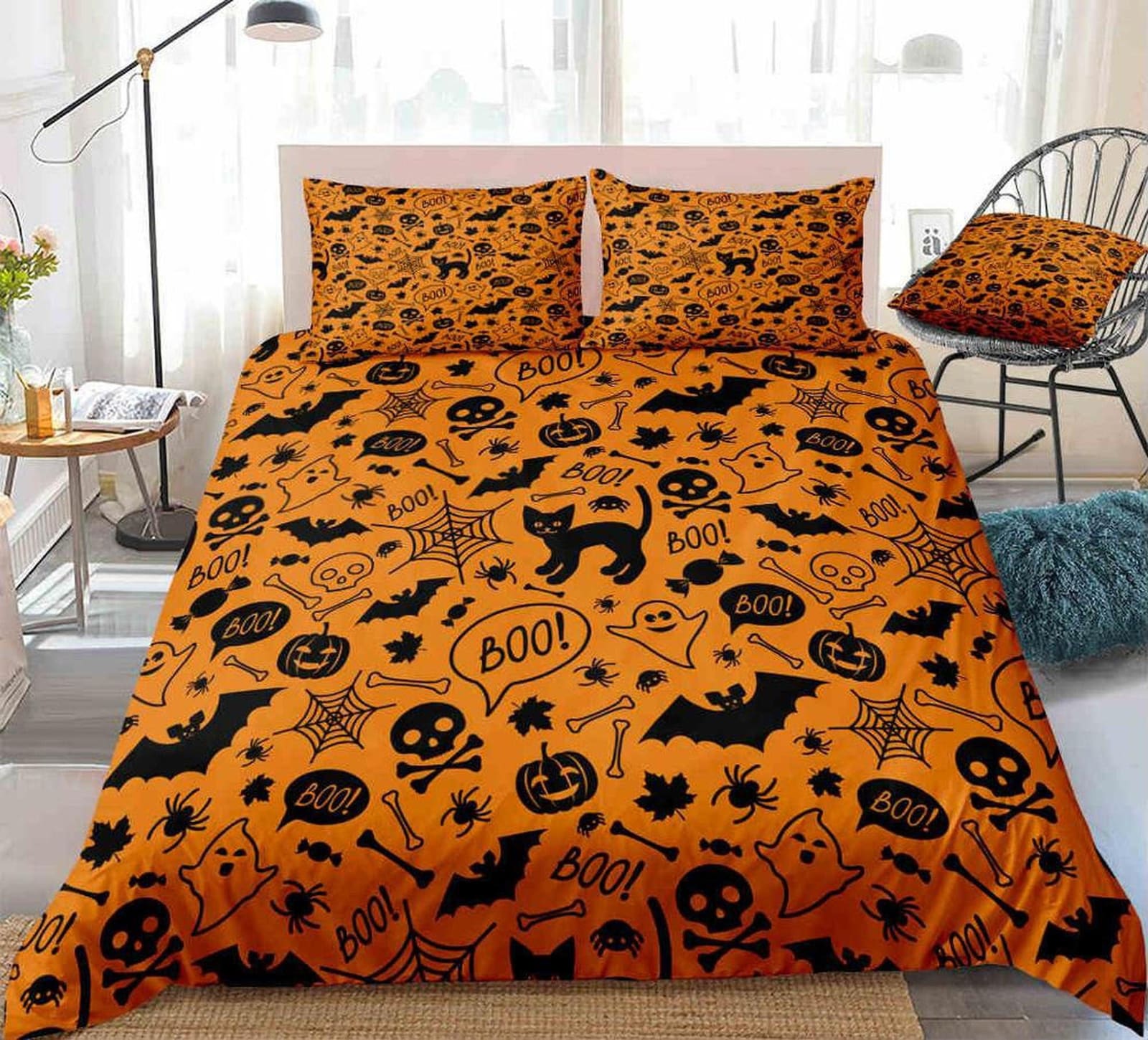 Skull, bats and cat orange halloween bedding & pillowcase, gothic duvet cover, dorm bedding, goth decor toddler bedding, h…