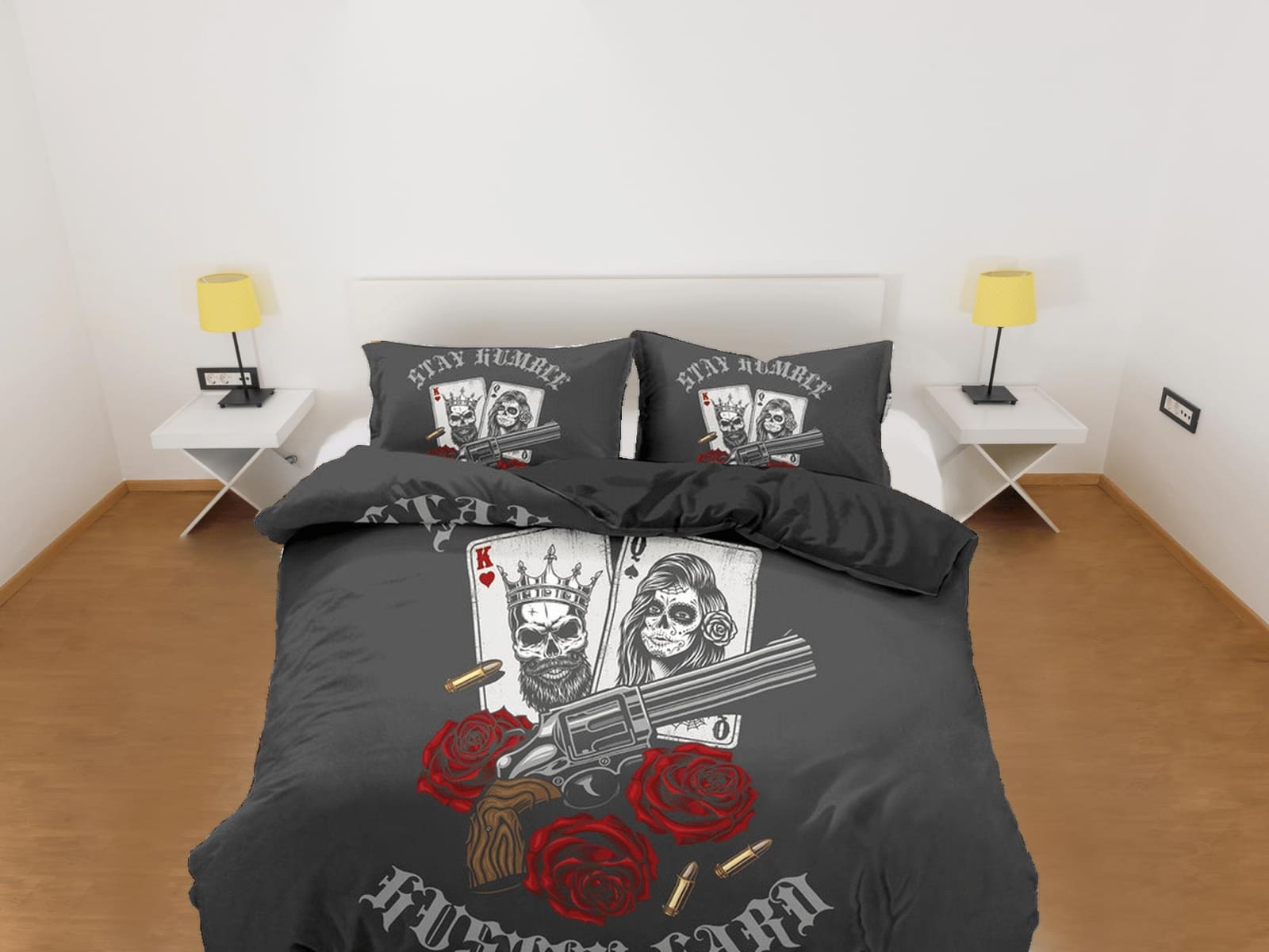 Skull Guns Roses Black Duvet Cover Set Gangster Bedspread Dorm Bedding, Pillowcase Comforter Cover