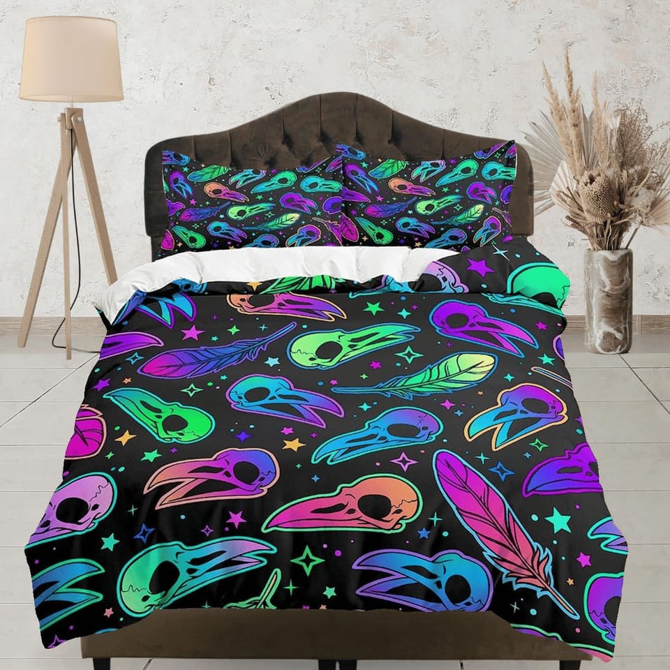 Skull of crow colorful halloween bedding & pillowcase, gothic duvet cover, dorm bedding halloween goth decor toddler beddi…