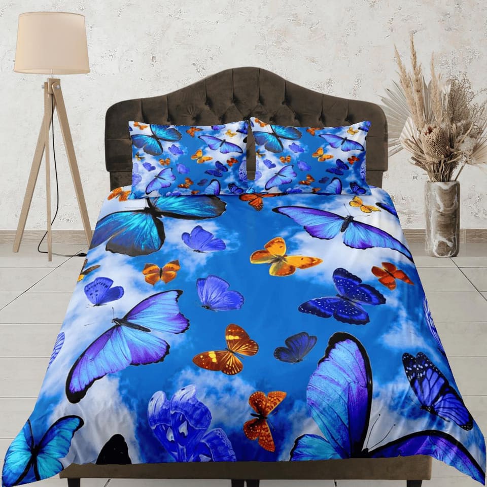 Sky blue butterfly bedding boho chic aesthetic duvet cover, dorm bedding full size adult duvet king queen twin, nursery to…
