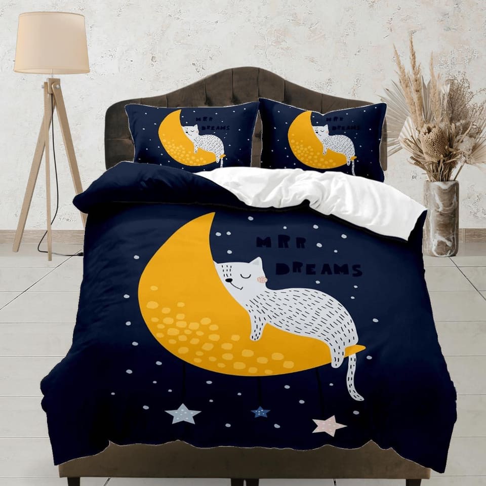 Sleeping cat in crescent moon blue bedding, toddler bedding, kids duvet cover set, gift for cat lovers, baby bedding, baby…