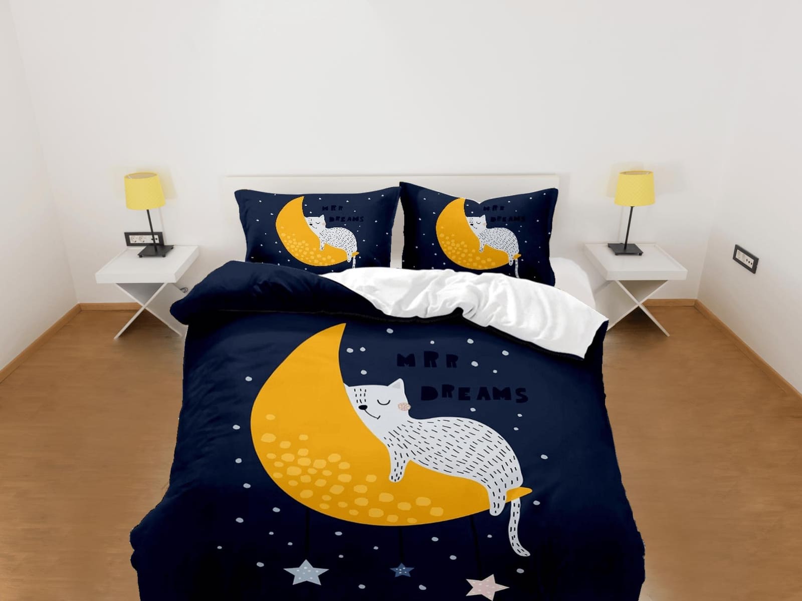 Sleeping cat in crescent moon blue bedding, toddler bedding, kids duvet cover set, gift for cat lovers, baby bedding, baby…