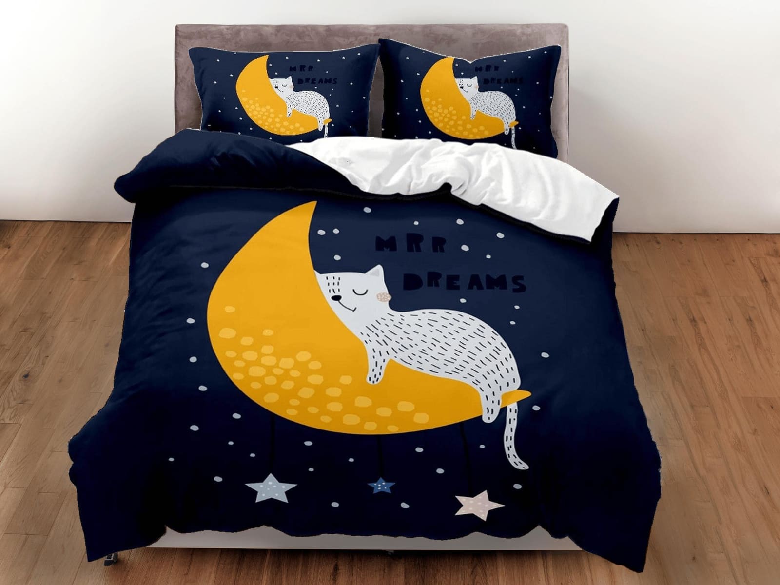 Sleeping cat in crescent moon blue bedding, toddler bedding, kids duvet cover set, gift for cat lovers, baby bedding, baby…