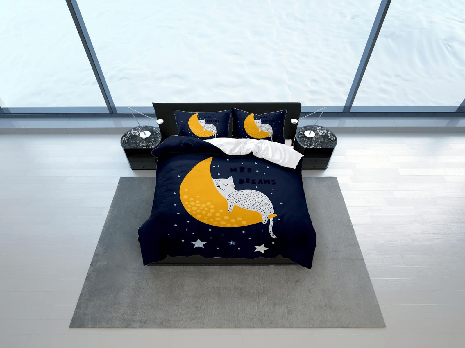 Sleeping cat in crescent moon blue bedding, toddler bedding, kids duvet cover set, gift for cat lovers, baby bedding, baby…