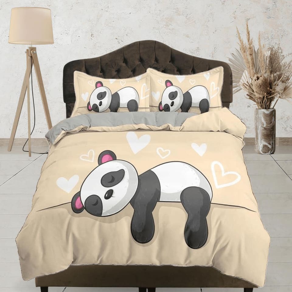 Sleeping panda yellow duvet cover kids, bedding set full, king, queen, dorm bedding, toddler bedding, aesthetic bedspread,…