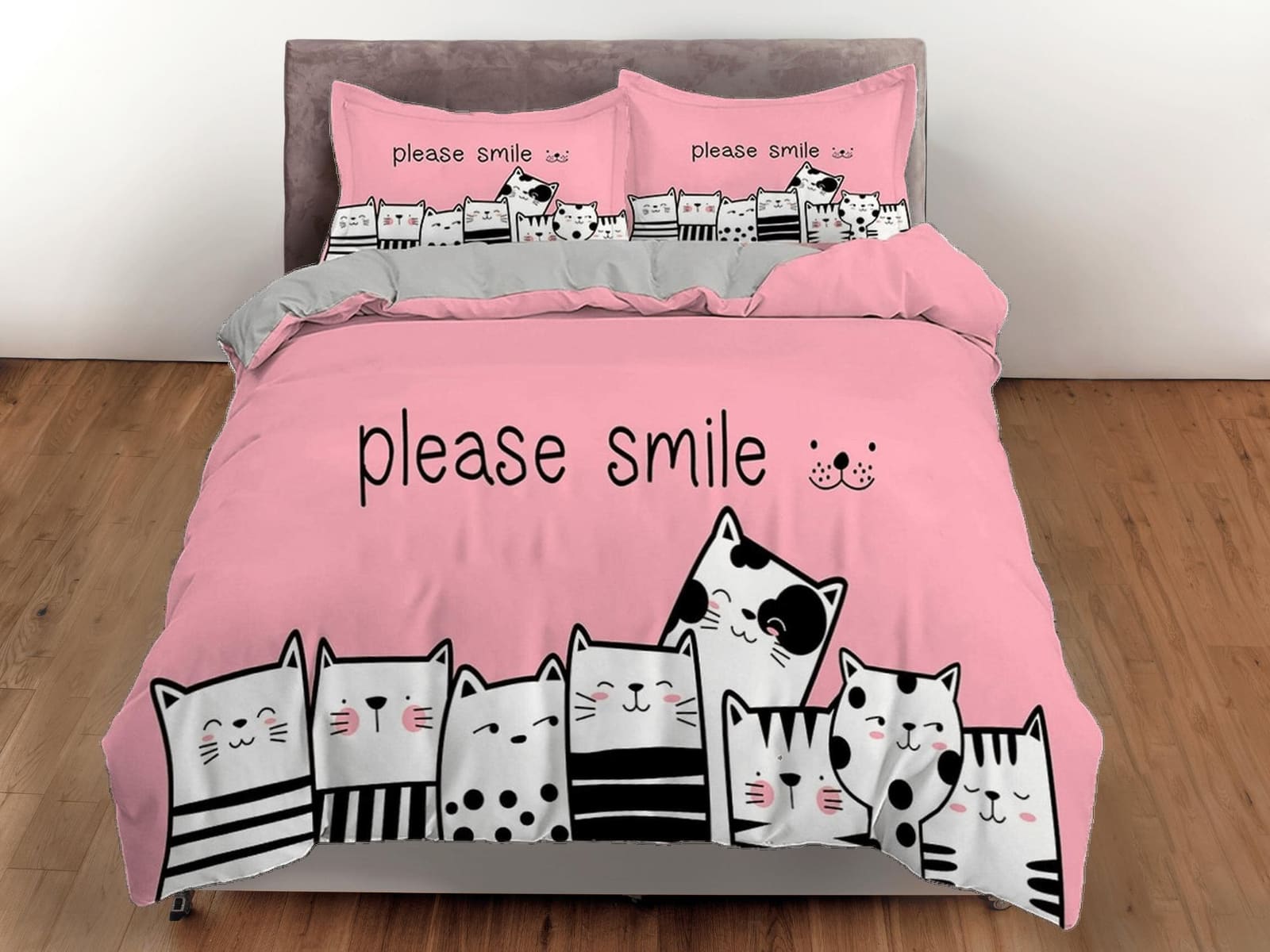 Smile cat bedding, toddler bedding, kids duvet cover set, gift for cat lovers, baby bedding, baby shower gift, pink bedding