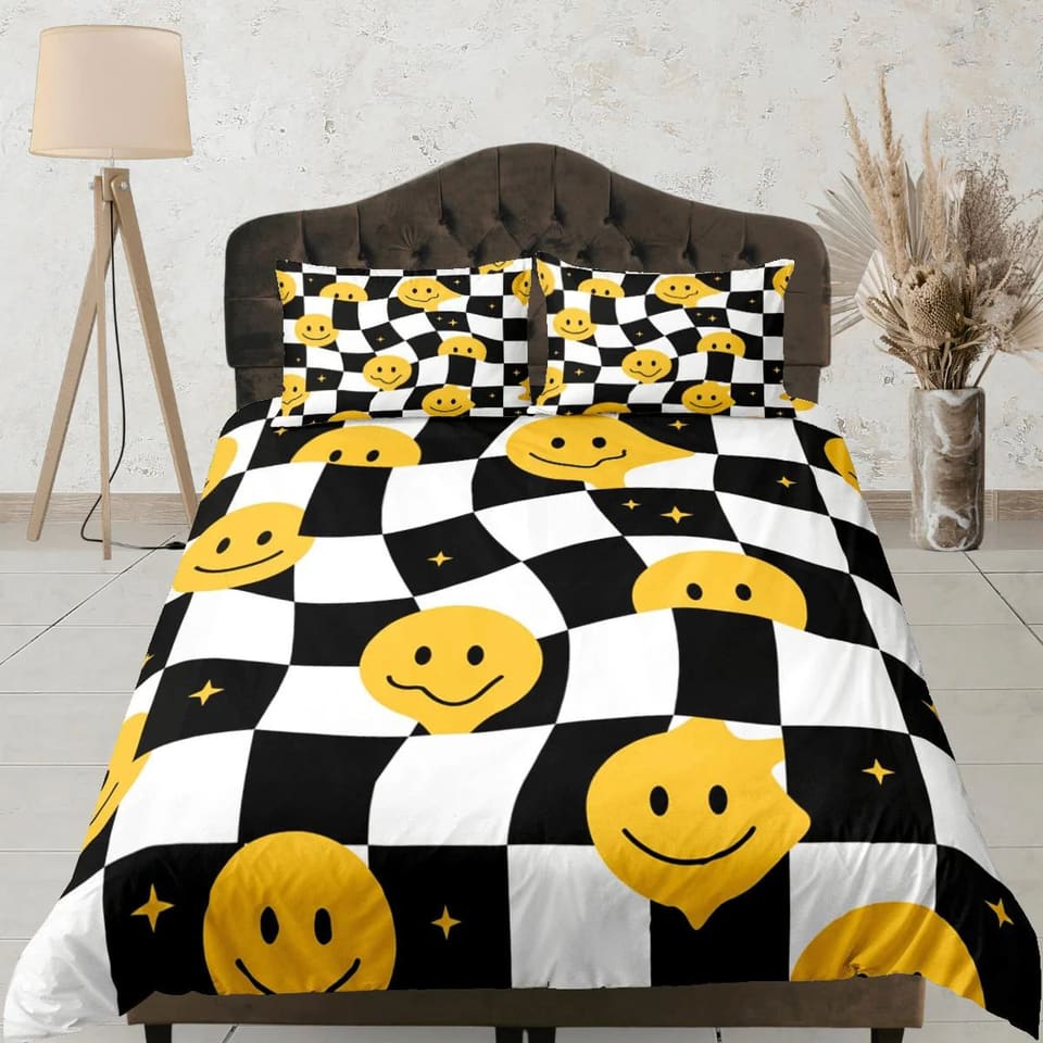 Smiley face 90s nostalgia hippie bedding retro duvet cover set, colorful bedding, teens and adult duvet cover, maximalist…