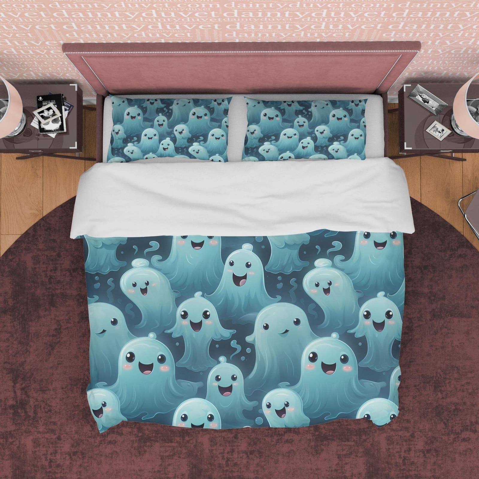 Smiling Ghosts with Kawaii Big Eyes, Duvet Cover Set & Pillowcase, Aesthetic Bedding, Halloween Gift, US, UK, European, Au…