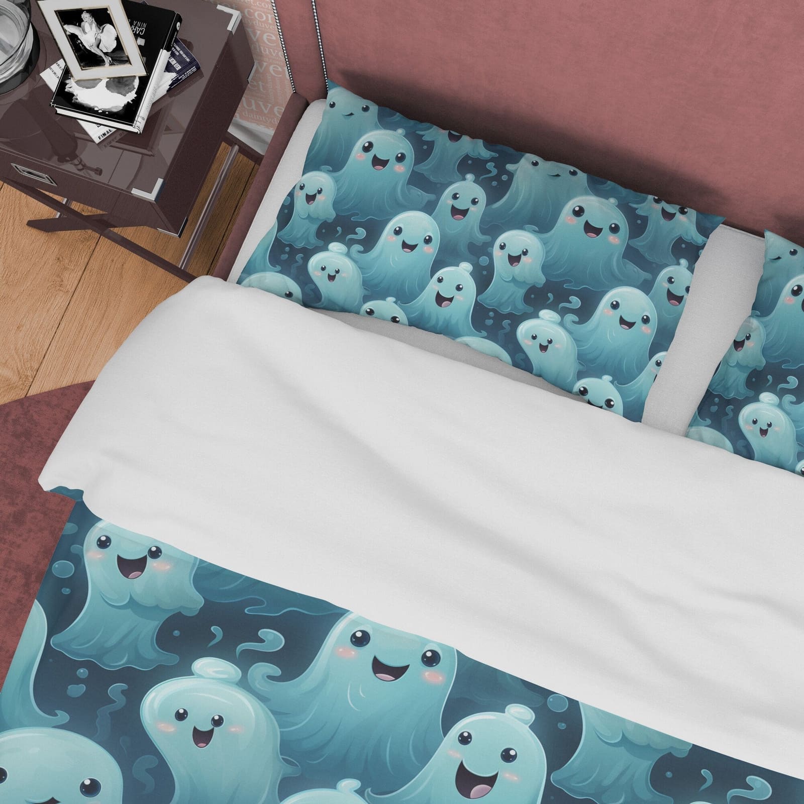 Smiling Ghosts with Kawaii Big Eyes, Duvet Cover Set & Pillowcase, Aesthetic Bedding, Halloween Gift, US, UK, European, Au…