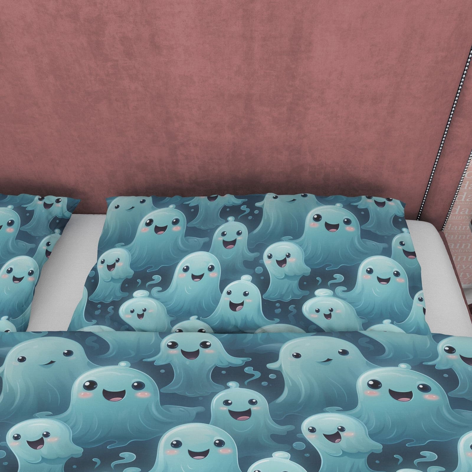 Smiling Ghosts with Kawaii Big Eyes, Duvet Cover Set & Pillowcase, Aesthetic Bedding, Halloween Gift, US, UK, European, Au…