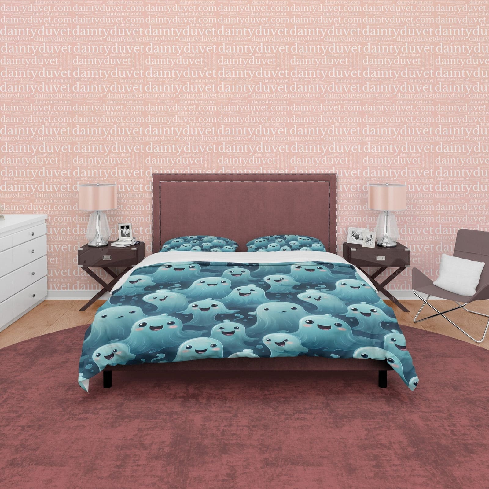 Smiling Ghosts with Kawaii Big Eyes, Duvet Cover Set & Pillowcase, Aesthetic Bedding, Halloween Gift, US, UK, European, Au…