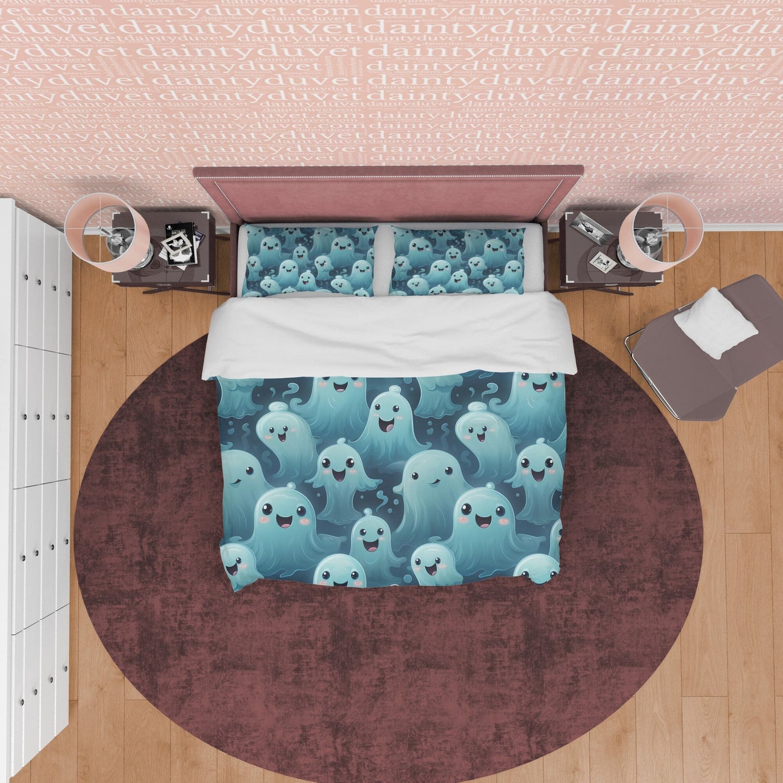 Smiling Ghosts with Kawaii Big Eyes, Duvet Cover Set & Pillowcase, Aesthetic Bedding, Halloween Gift, US, UK, European, Au…