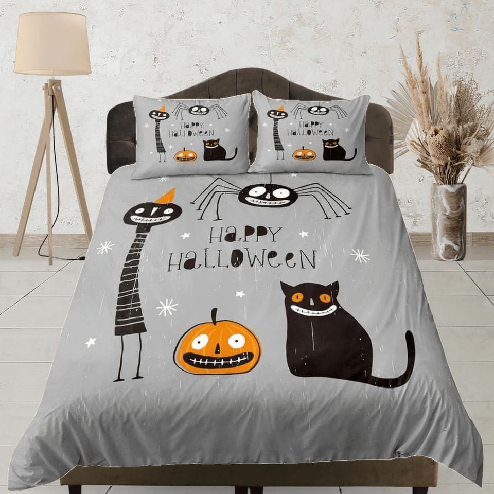 Smiling pumpkin black cat spider halloween bedding & pillowcase, grey duvet cover set dorm bedding, nursery toddler beddin…
