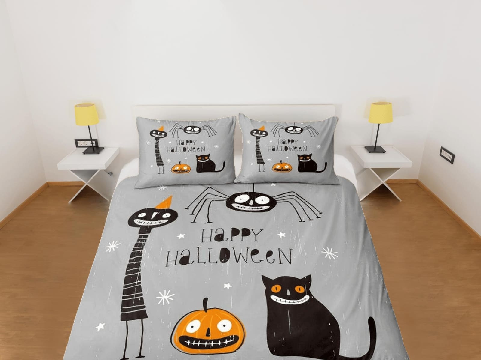 Smiling pumpkin black cat spider halloween bedding & pillowcase, grey duvet cover set dorm bedding, nursery toddler beddin…