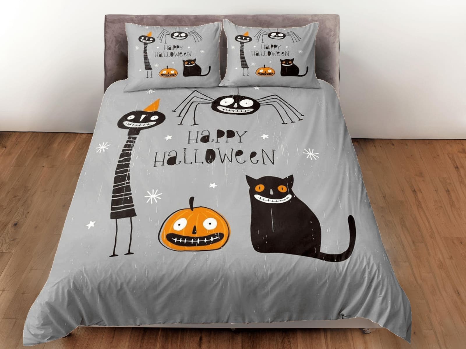 Smiling pumpkin black cat spider halloween bedding & pillowcase, grey duvet cover set dorm bedding, nursery toddler beddin…