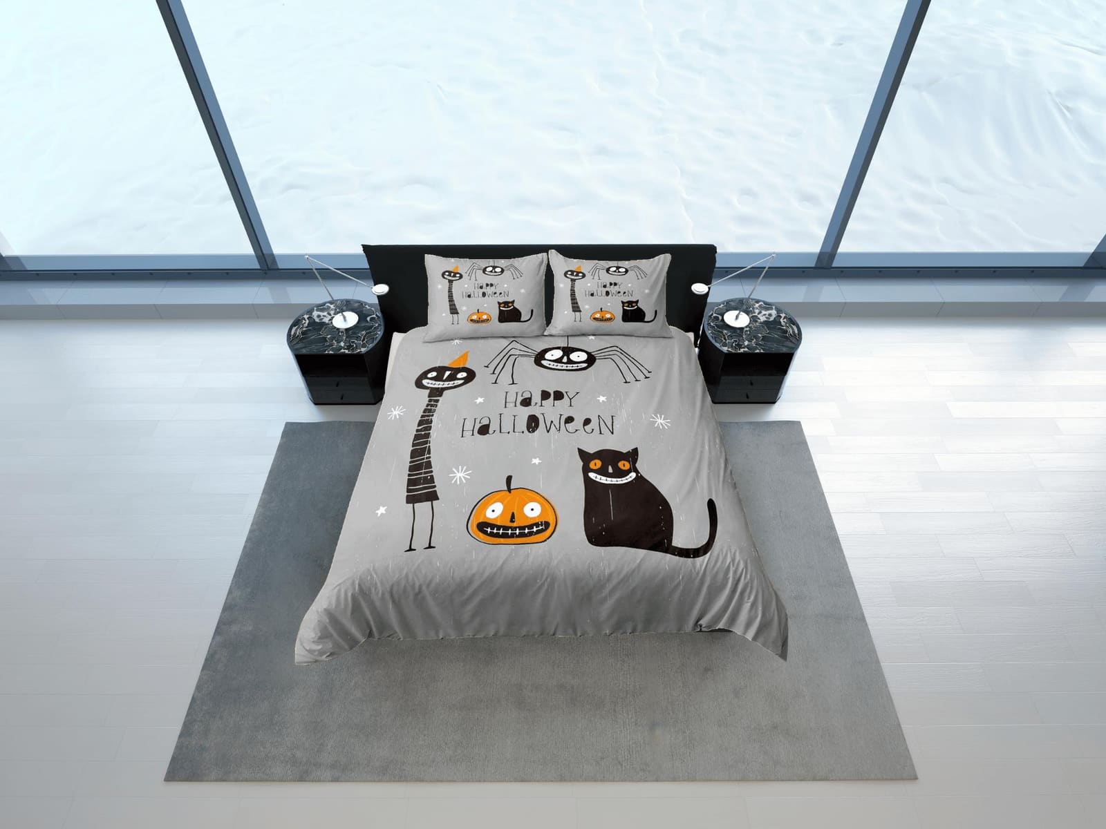 Smiling pumpkin black cat spider halloween bedding & pillowcase, grey duvet cover set dorm bedding, nursery toddler beddin…