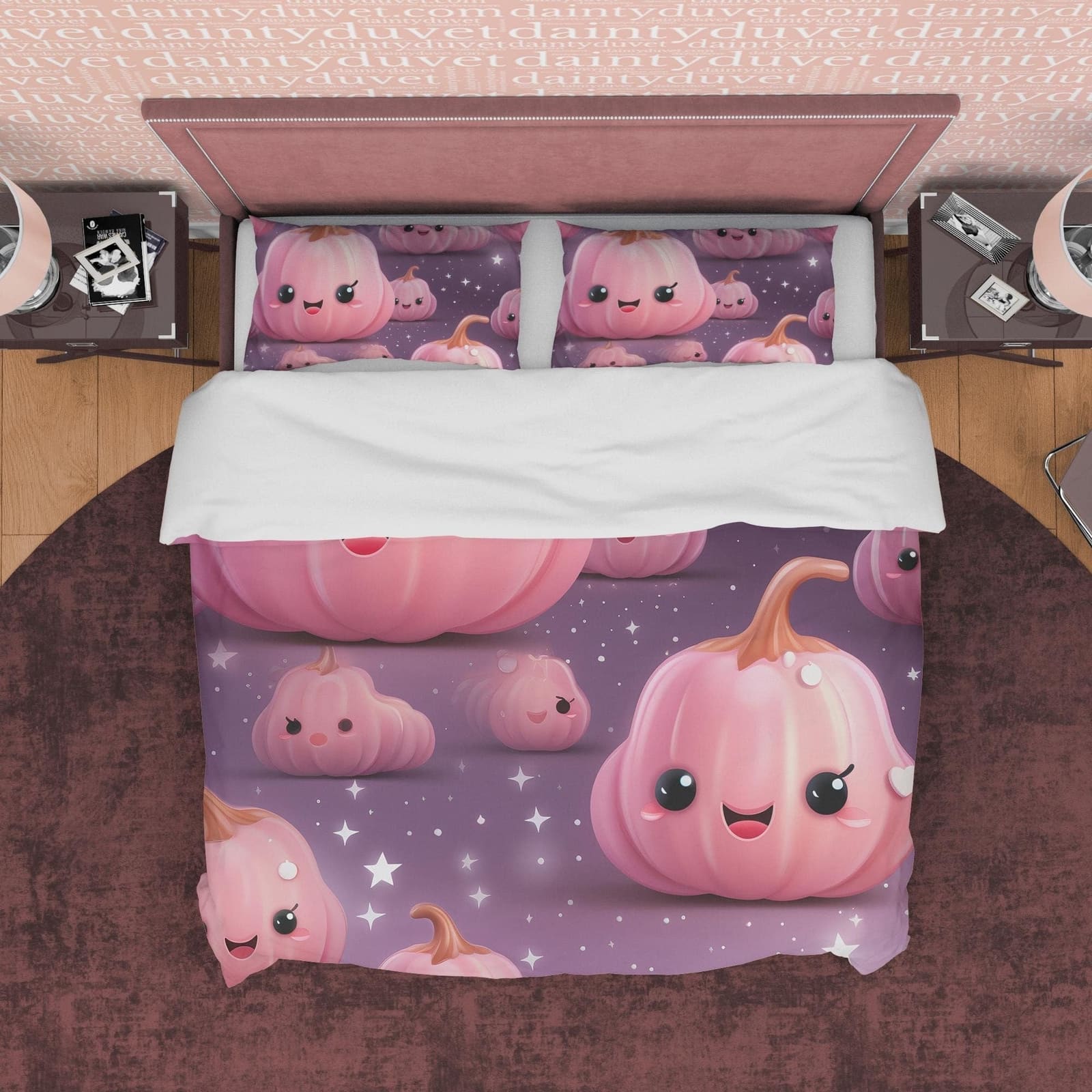 Smiling Pumpkin, Pink Purple Kids Duvet Cover Set, Aesthetic Zipper Bedding, Halloween Room Decor, US, UK, European, Austr…