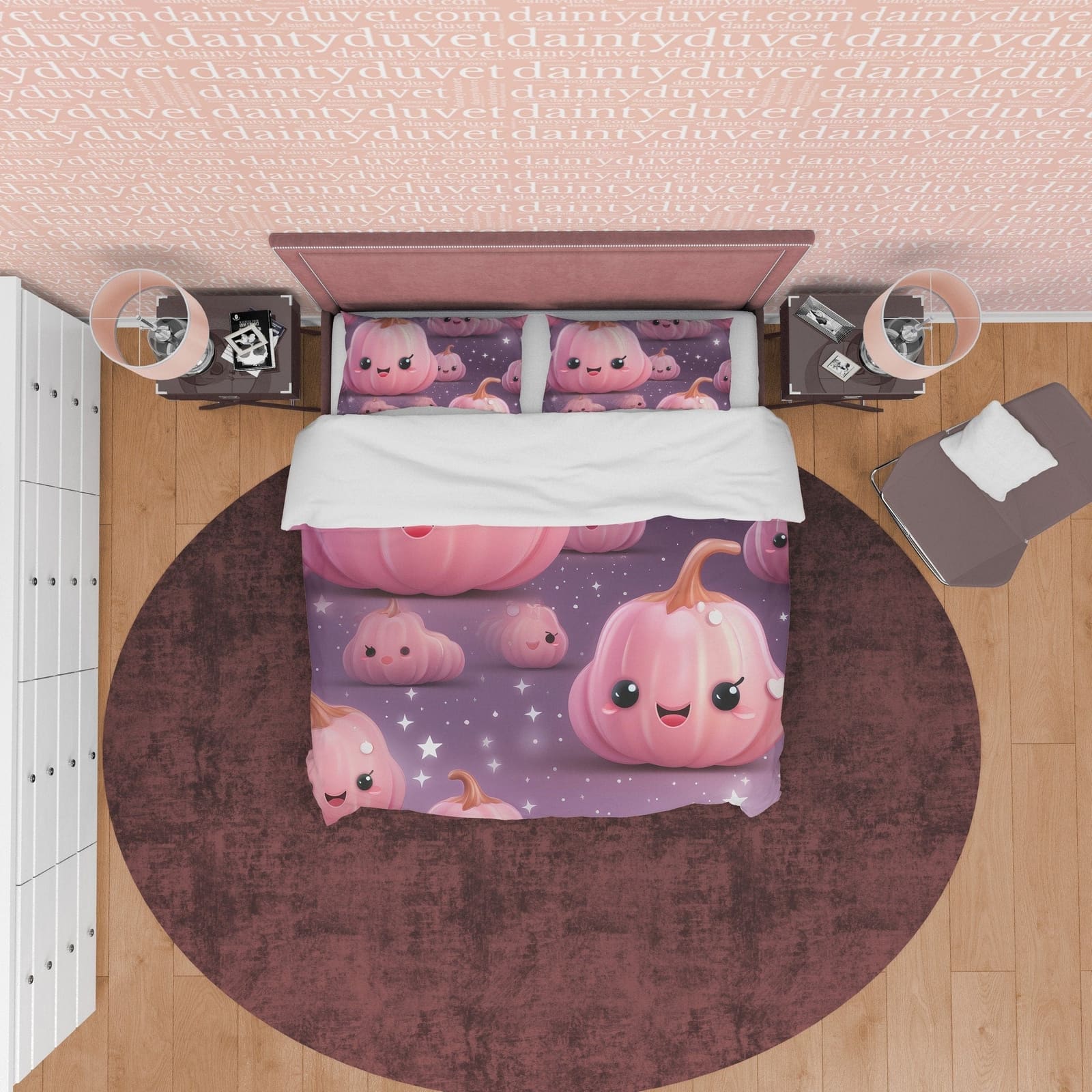 Smiling Pumpkin, Pink Purple Kids Duvet Cover Set, Aesthetic Zipper Bedding, Halloween Room Decor, US, UK, European, Austr…