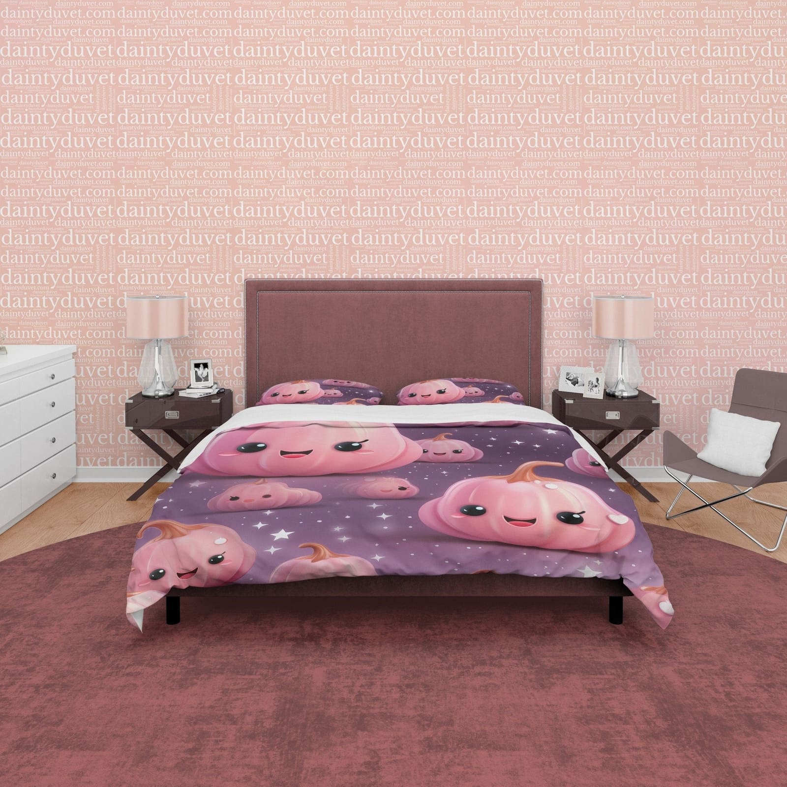 Smiling Pumpkin, Pink Purple Kids Duvet Cover Set, Aesthetic Zipper Bedding, Halloween Room Decor, US, UK, European, Austr…