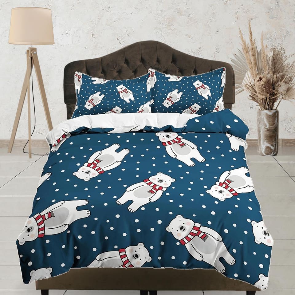 Snow Polar Bear Dark Blue Bedding, Duvet Cover Set & Pillowcase, Zipper Bedding, Dorm Bedding, Teens Adult Duvet King Quee…